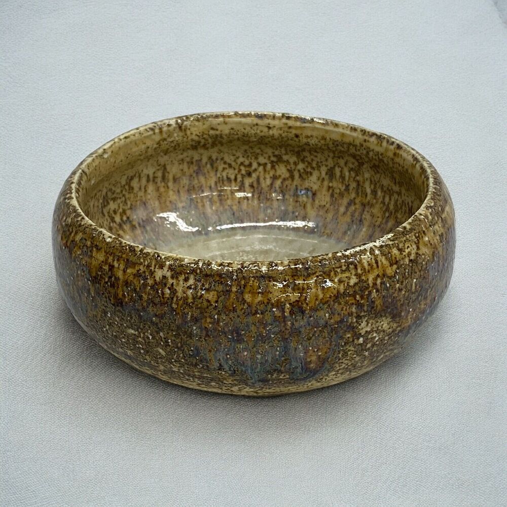 Vtg Pottery Clay Bowl Trinket Textured Multicolor Brown Tan Beige Signed Boho